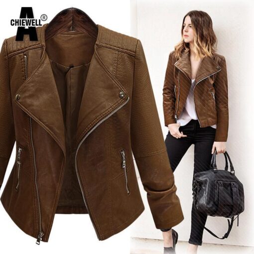 ACHIEWELL Long Sleeve Leather Jacket