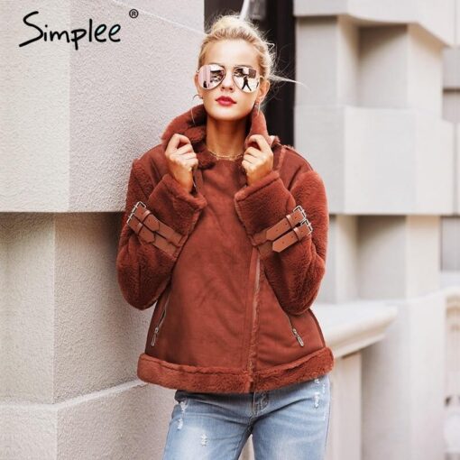 Simplee Faux leather suede lamb fur jacket coat