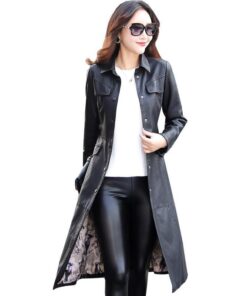 Women Long Leather Jacket 2018 New Fashion