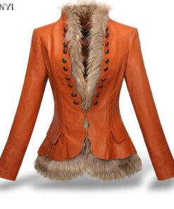 Leather Coat With Button Faux Fur leather jacket