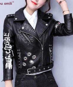 Printed Letters Rivet Faux Leather Jacket