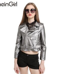 PU Biker Faux Leather Jacket Silver Grey