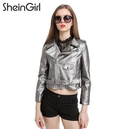 PU Biker Faux Leather Jacket Silver Grey