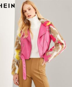 Hot Pink Faux Fur Sleeve Belted PU Leather Outerwear 2018