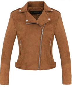 Soft Faux Leather Suede Motorcycle jacket Slim brown