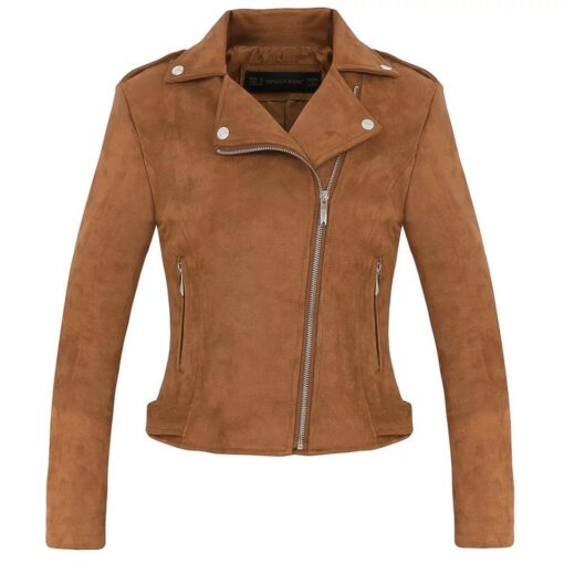 Soft Faux Leather Suede Motorcycle jacket Slim brown